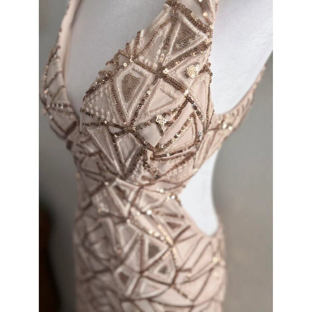Morgan & Co Champagne Gold Sequin Open Back Gown Formal Evening Dress - Picture 5 of 15